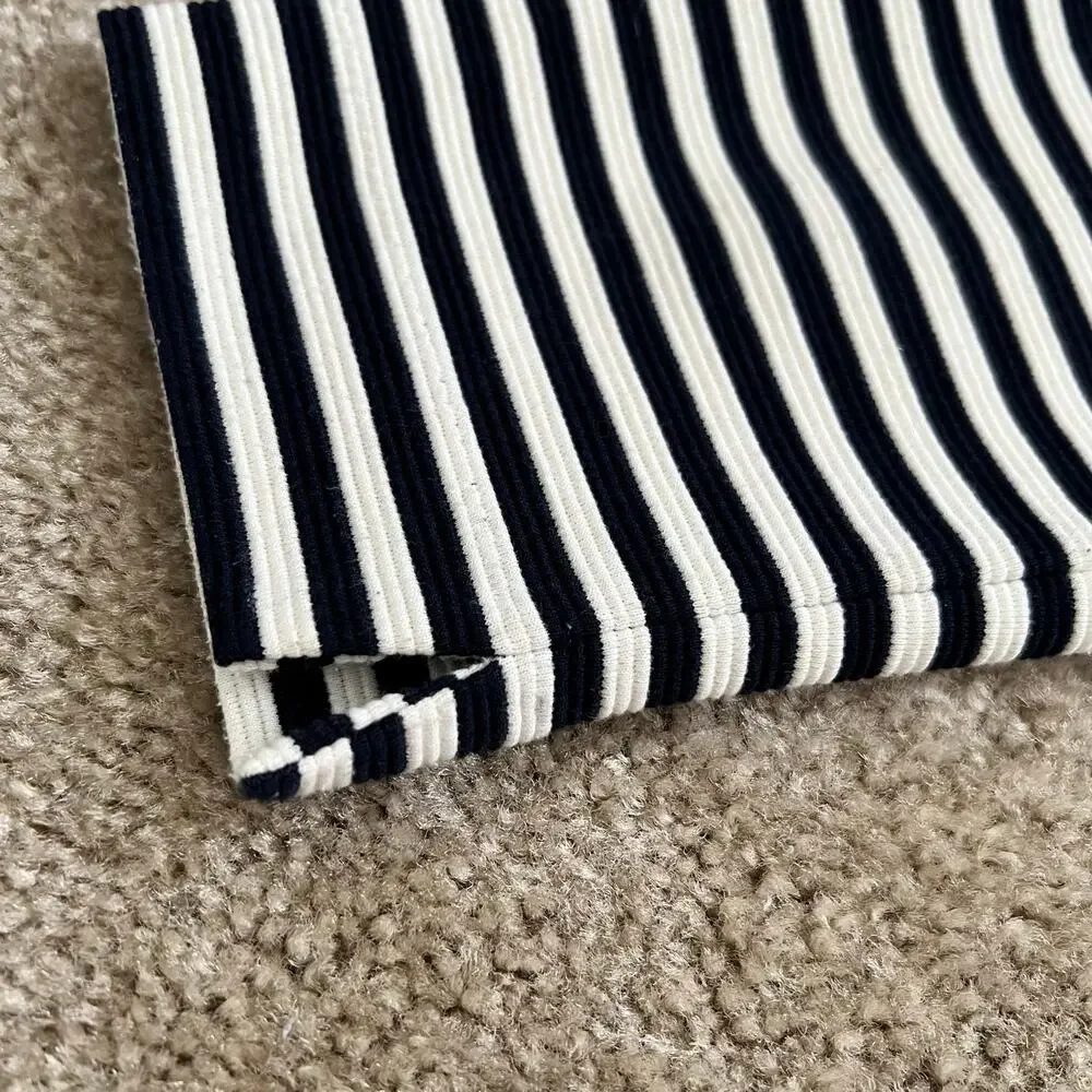 Madewell Navy Blue & Off-White Striped 3/4 Sleeve Textured Top Size: Medium